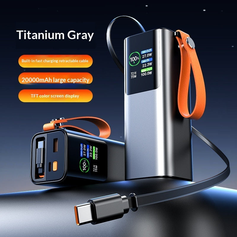 High-power Portable Charger With Retractable Cable Fast Charging TFT Color Display And Aluminum Alloy Casing