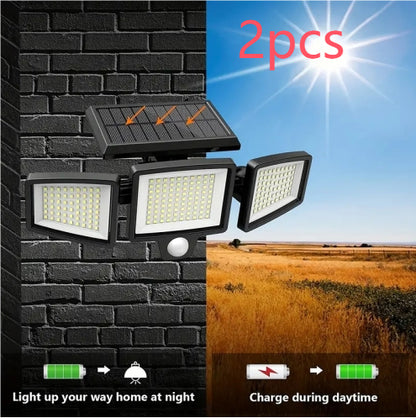 Solar Outdoor Lights 210 LED Safety Lights With Remote Control 3 Head Motion Sensor Street Lights