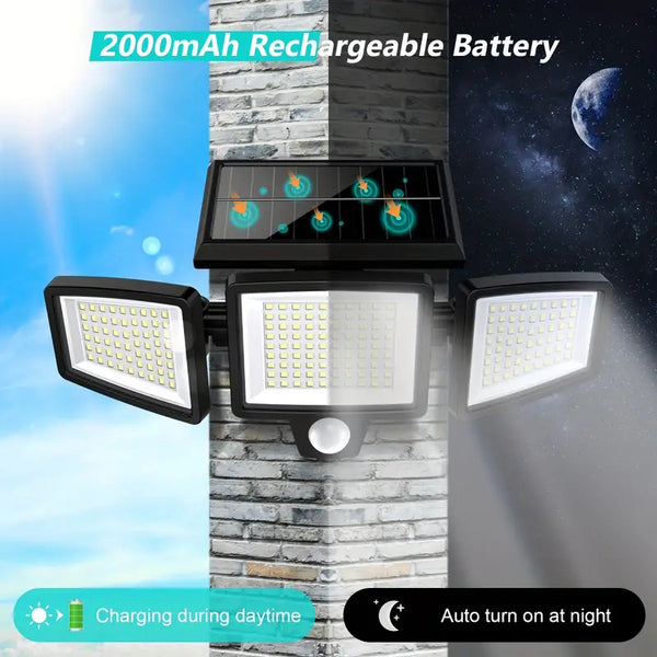Solar Outdoor Lights 210 LED Safety Lights With Remote Control 3 Head Motion Sensor Street Lights