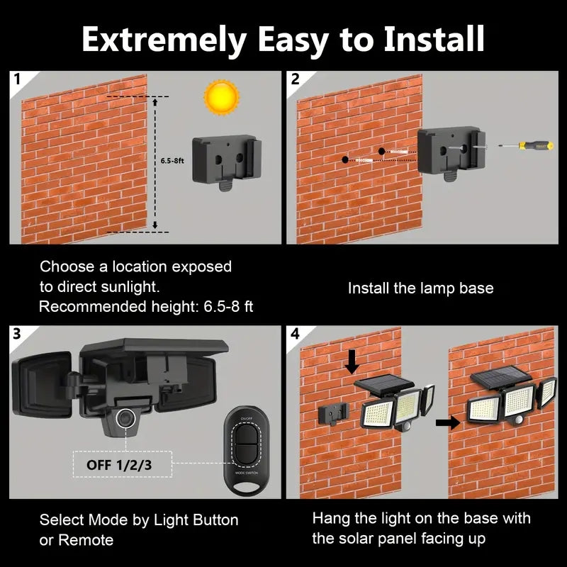 Solar Outdoor Lights 210 LED Safety Lights With Remote Control 3 Head Motion Sensor Street Lights