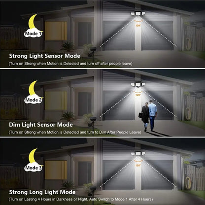 Solar Outdoor Lights 210 LED Safety Lights With Remote Control 3 Head Motion Sensor Street Lights