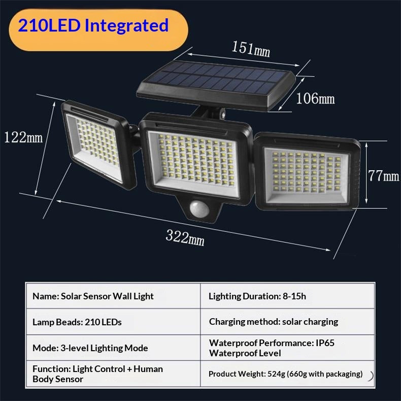 Solar Outdoor Lights 210 LED Safety Lights With Remote Control 3 Head Motion Sensor Street Lights