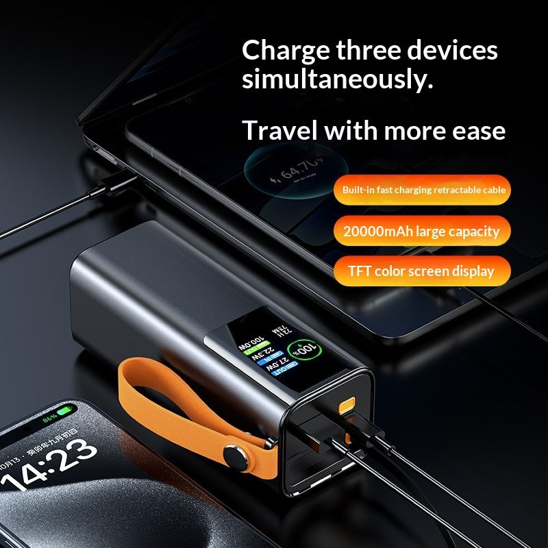 High-power Portable Charger With Retractable Cable Fast Charging TFT Color Display And Aluminum Alloy Casing