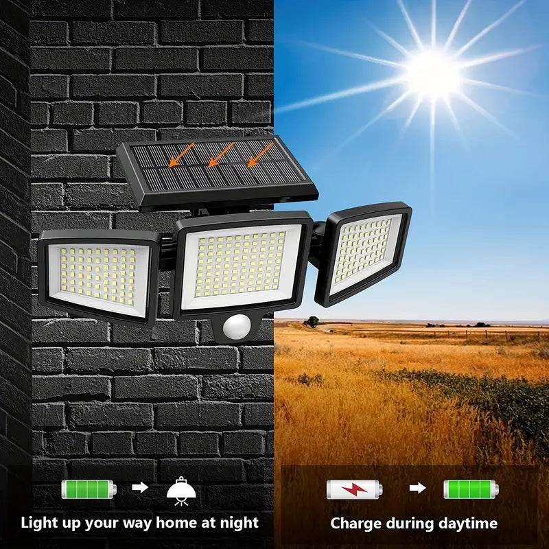 Solar Outdoor Lights 210 LED Safety Lights With Remote Control 3 Head Motion Sensor Street Lights