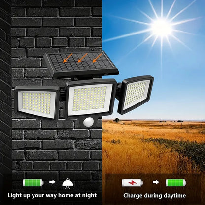 Solar Outdoor Lights 210 LED Safety Lights With Remote Control 3 Head Motion Sensor Street Lights